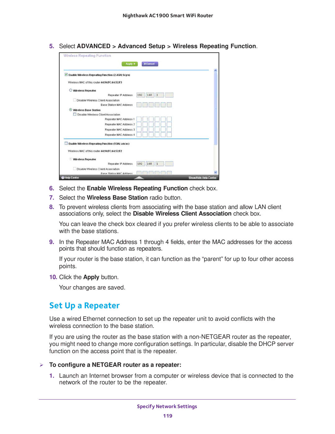 NETGEAR Model R7000 user manual Set Up a Repeater,  To configure a Netgear router as a repeater 