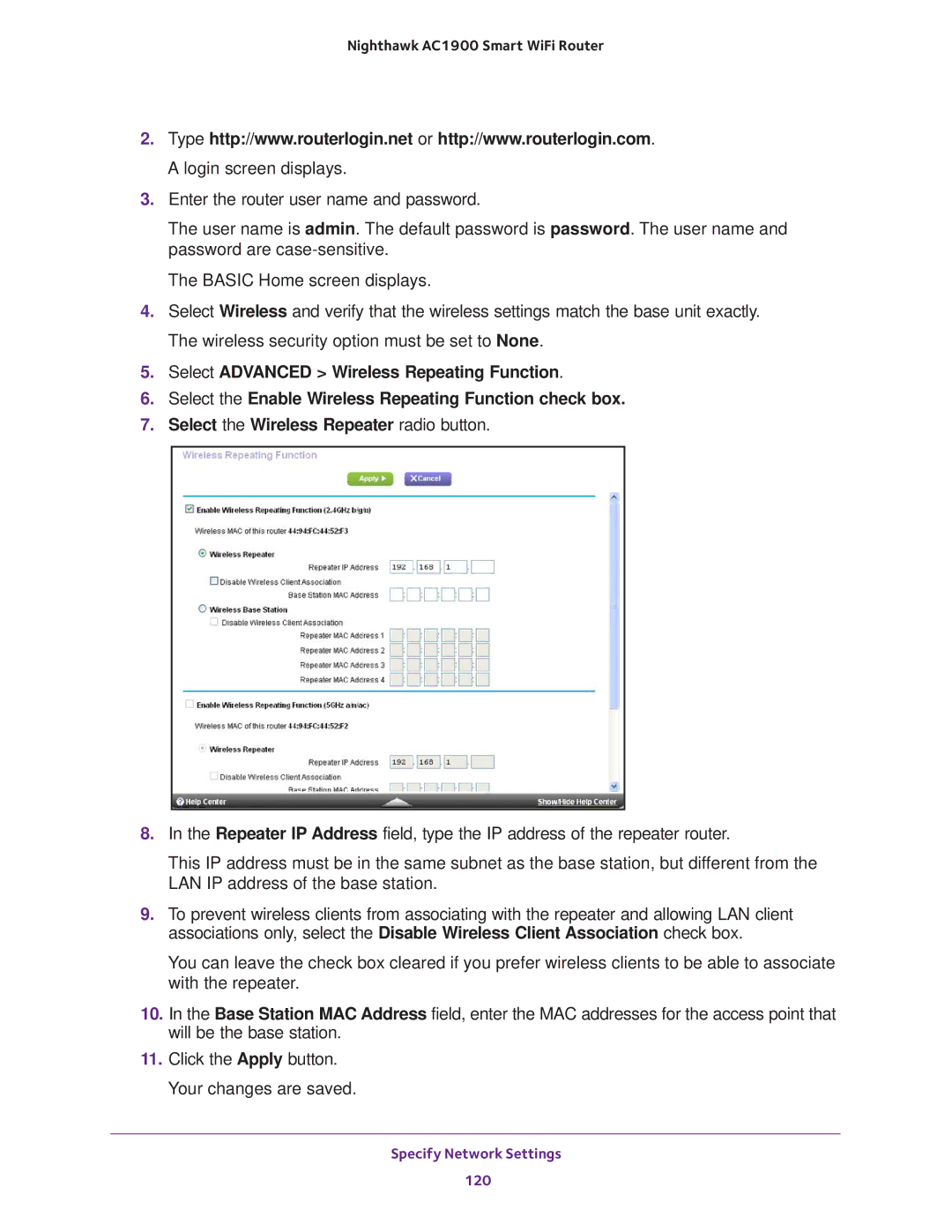 NETGEAR Model R7000 user manual Specify Network Settings 120 