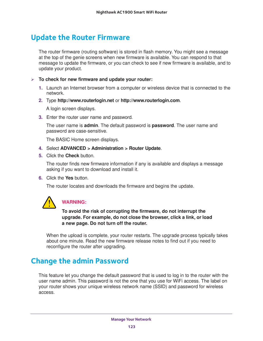 NETGEAR Model R7000 Update the Router Firmware, Change the admin Password, Select Advanced Administration Router Update 