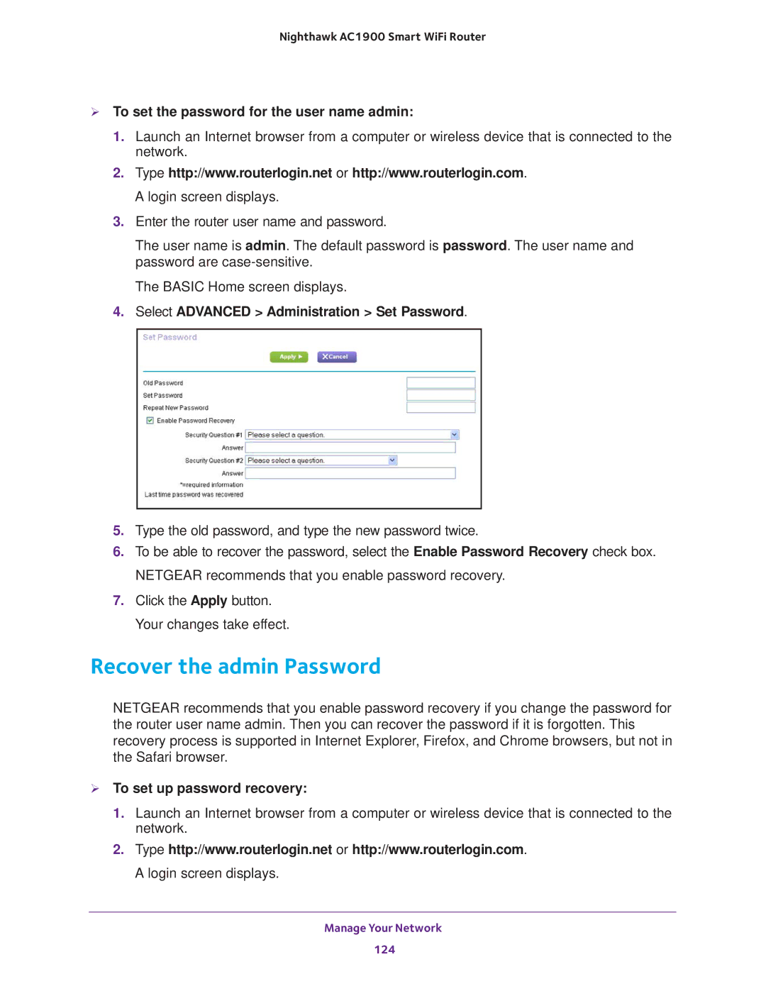 NETGEAR Model R7000 user manual Recover the admin Password,  To set the password for the user name admin 