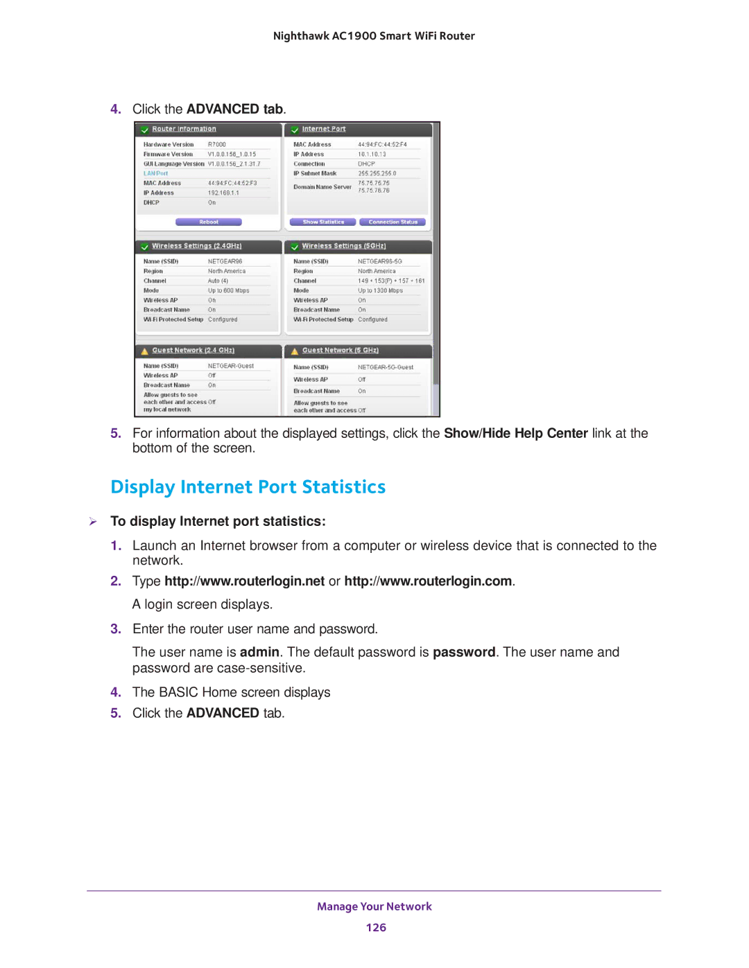 NETGEAR Model R7000 Display Internet Port Statistics, Click the Advanced tab,  To display Internet port statistics 