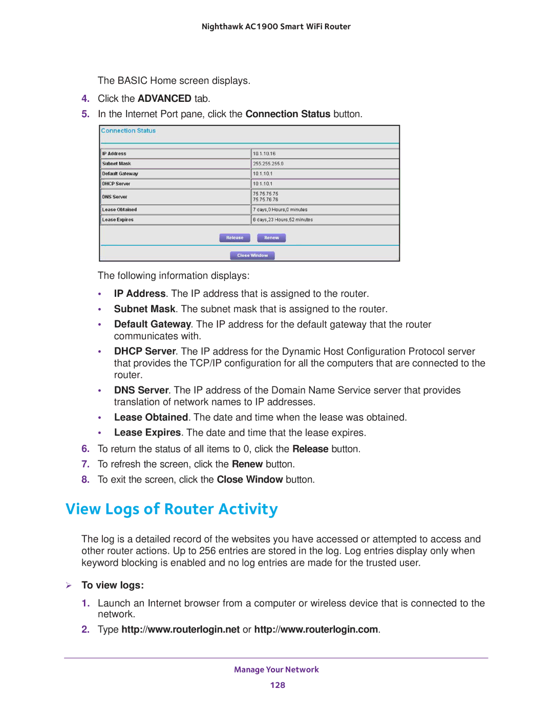 NETGEAR Model R7000 user manual View Logs of Router Activity,  To view logs 