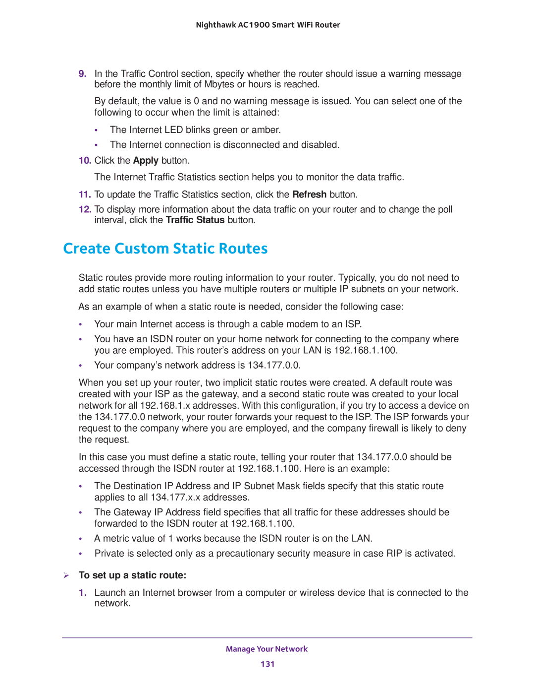 NETGEAR Model R7000 user manual Create Custom Static Routes,  To set up a static route 