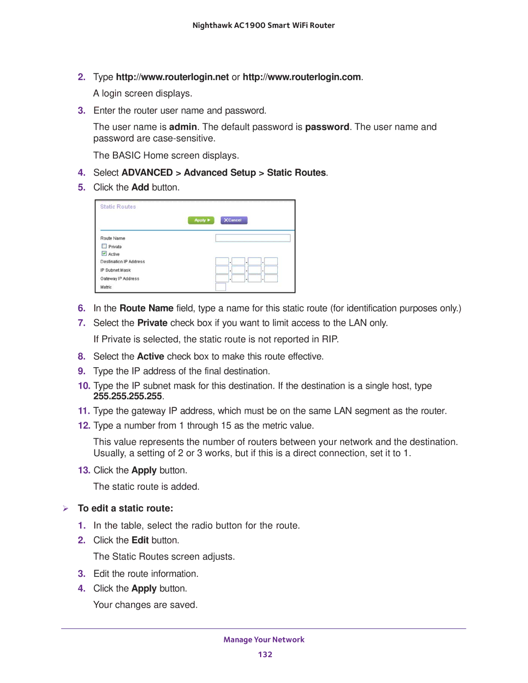 NETGEAR Model R7000 user manual Select Advanced Advanced Setup Static Routes,  To edit a static route 