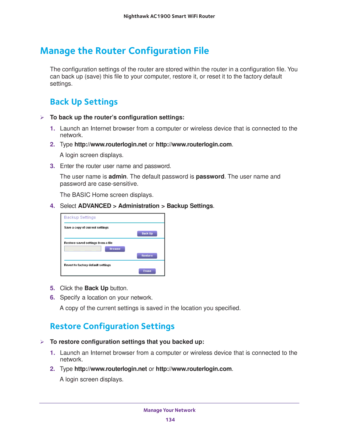 NETGEAR Model R7000 user manual Manage the Router Configuration File, Back Up Settings, Restore Configuration Settings 