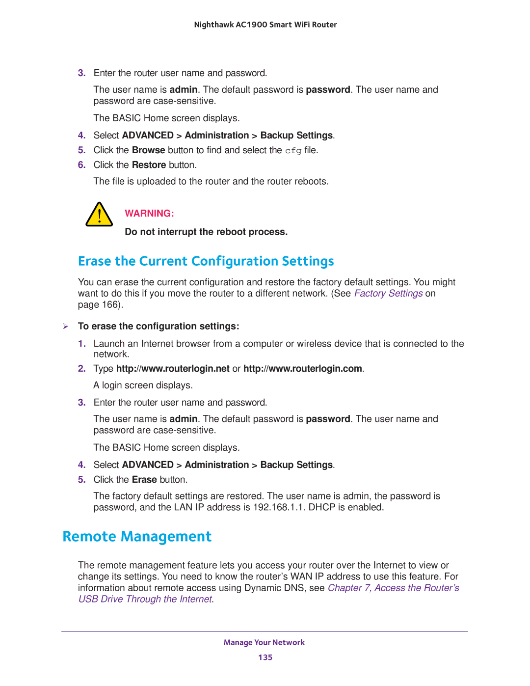 NETGEAR Model R7000 Remote Management, Erase the Current Configuration Settings, Do not interrupt the reboot process 