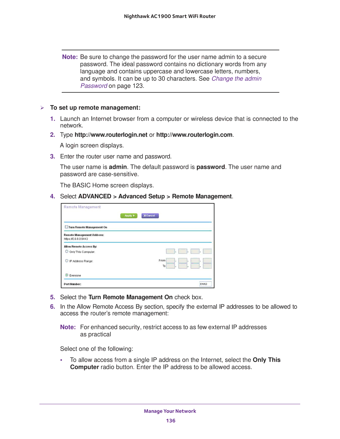 NETGEAR Model R7000 user manual  To set up remote management 