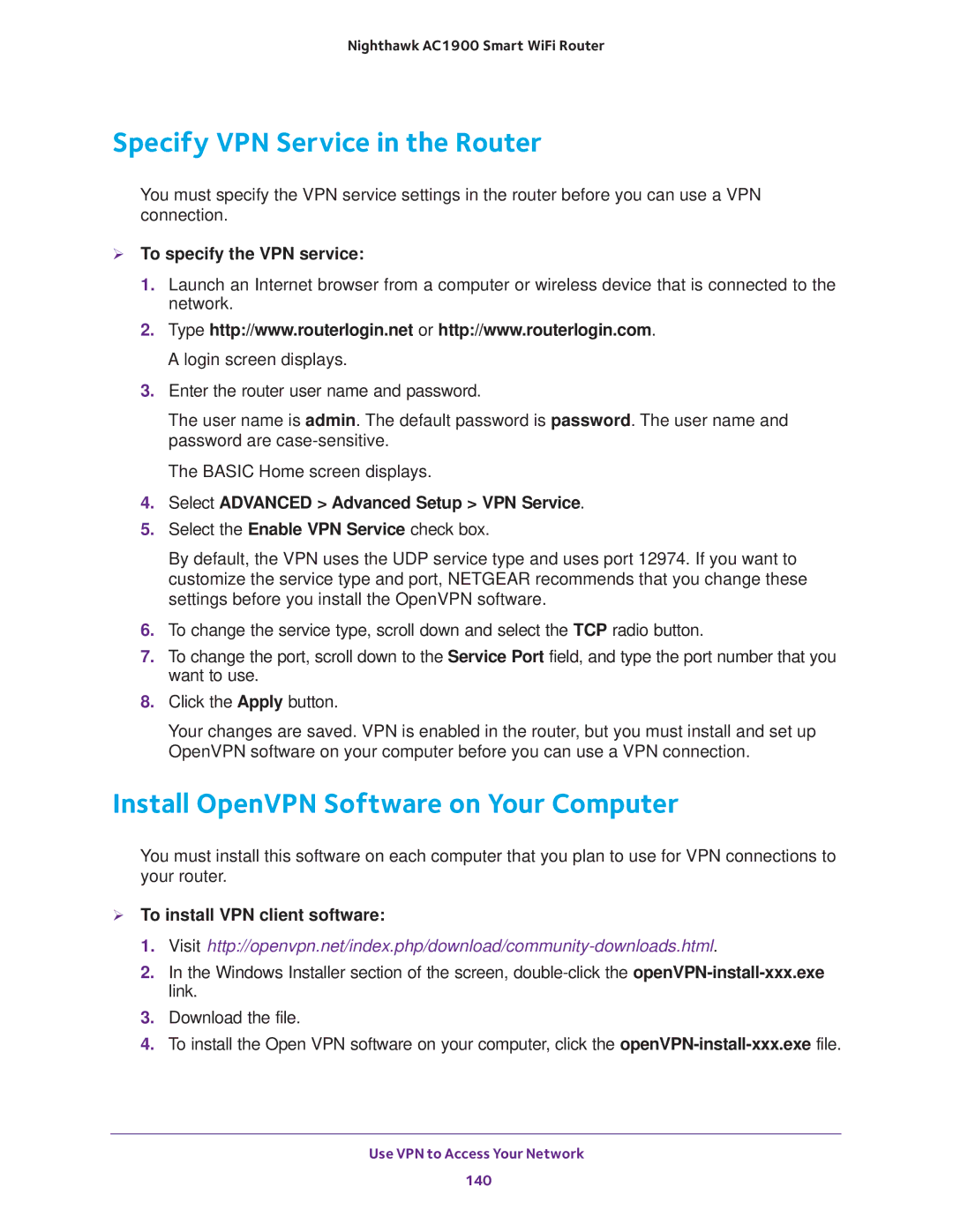 NETGEAR Model R7000 user manual Specify VPN Service in the Router, Install OpenVPN Software on Your Computer 