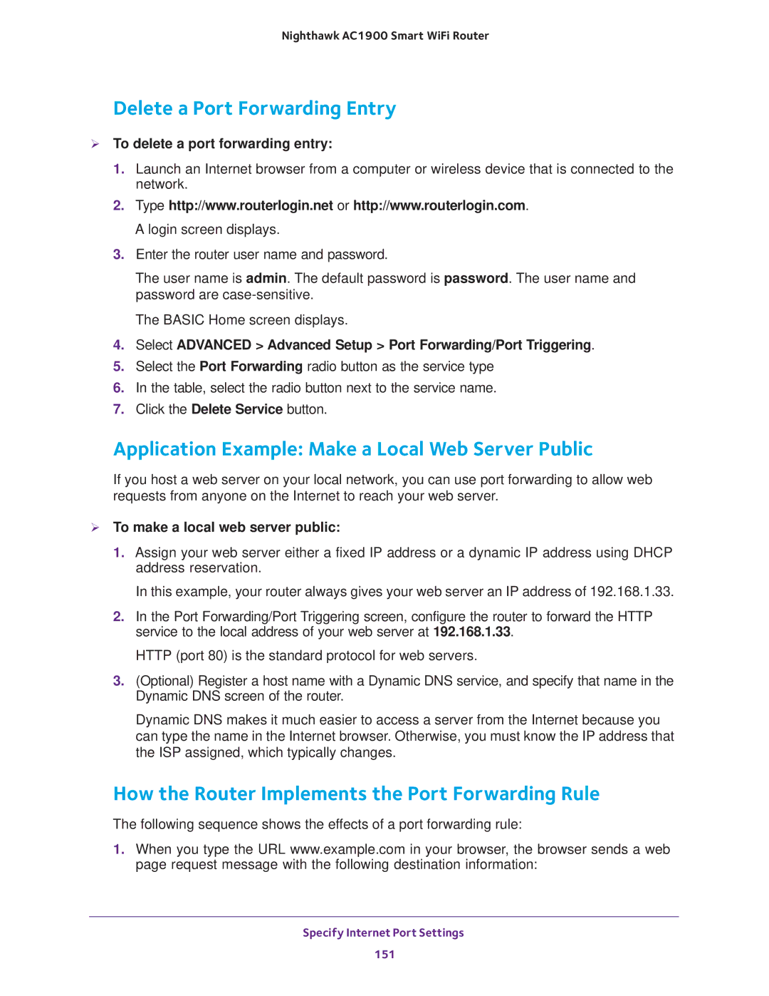 NETGEAR Model R7000 user manual Delete a Port Forwarding Entry, Application Example Make a Local Web Server Public 