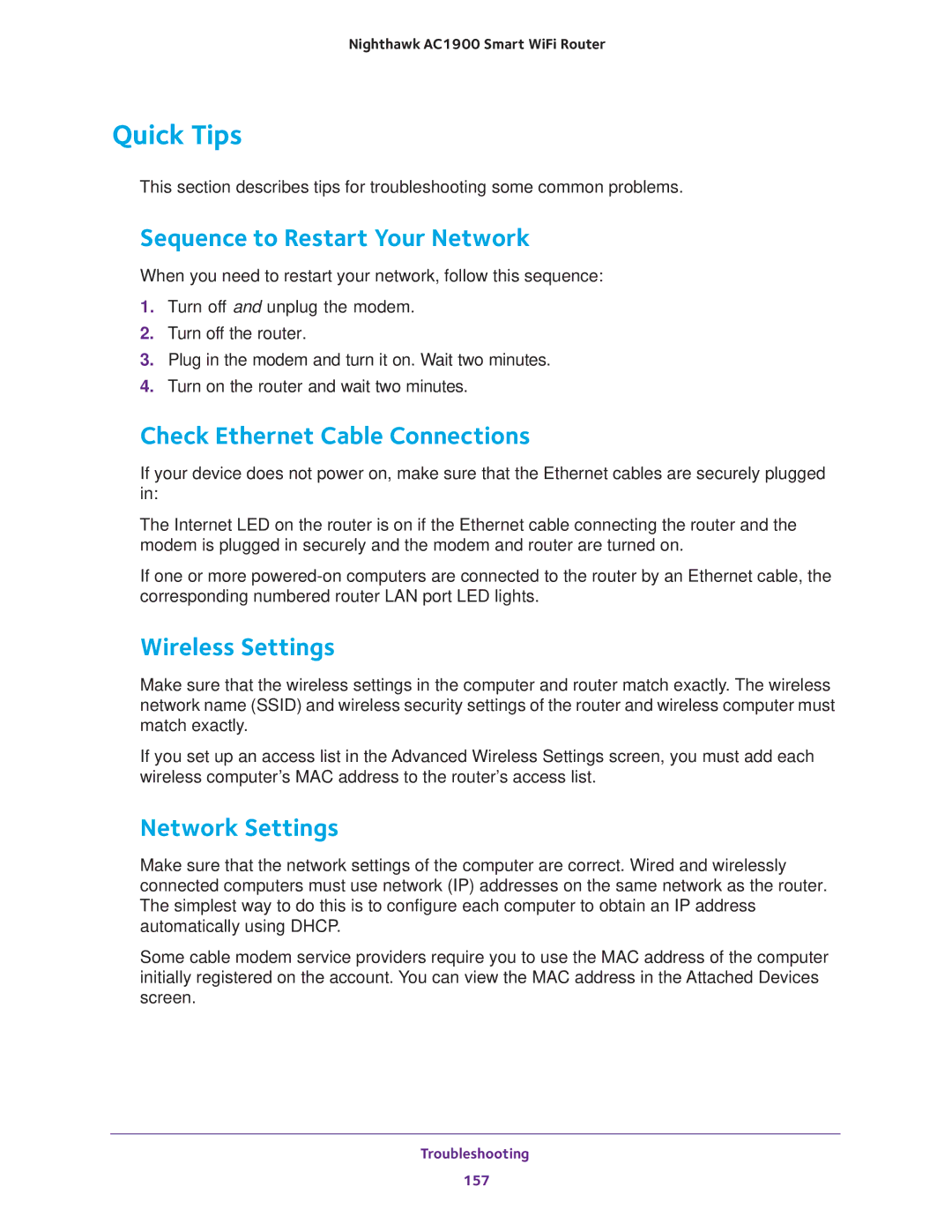 NETGEAR Model R7000 Quick Tips, Sequence to Restart Your Network, Check Ethernet Cable Connections, Wireless Settings 