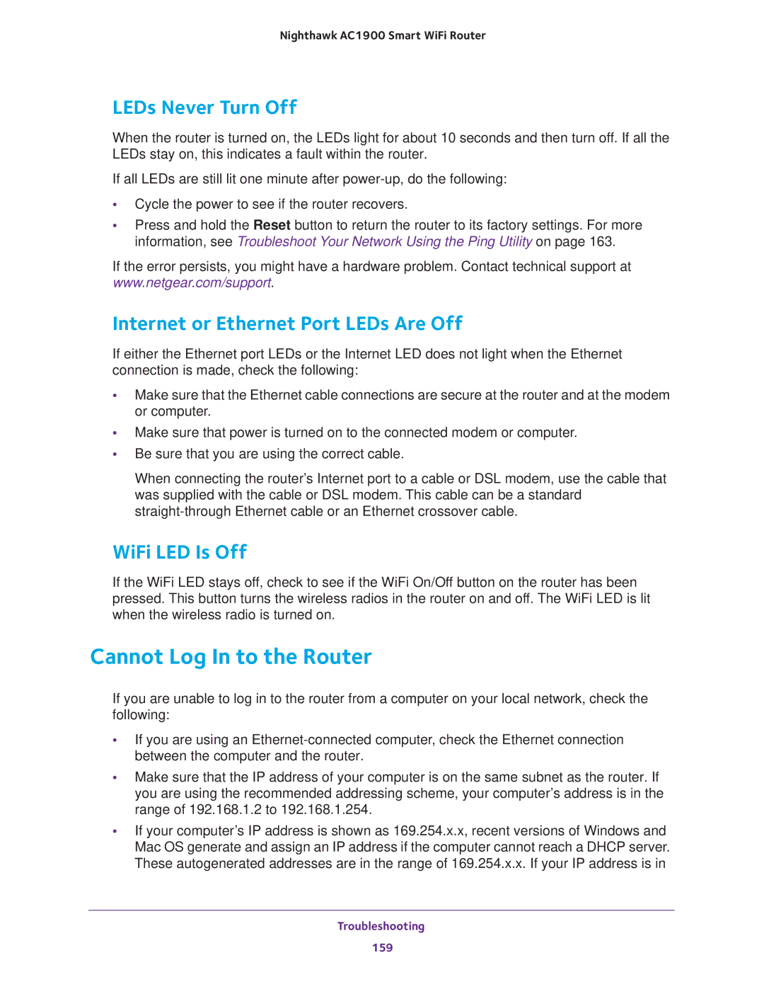 NETGEAR Model R7000 user manual Cannot Log In to the Router, LEDs Never Turn Off, Internet or Ethernet Port LEDs Are Off 