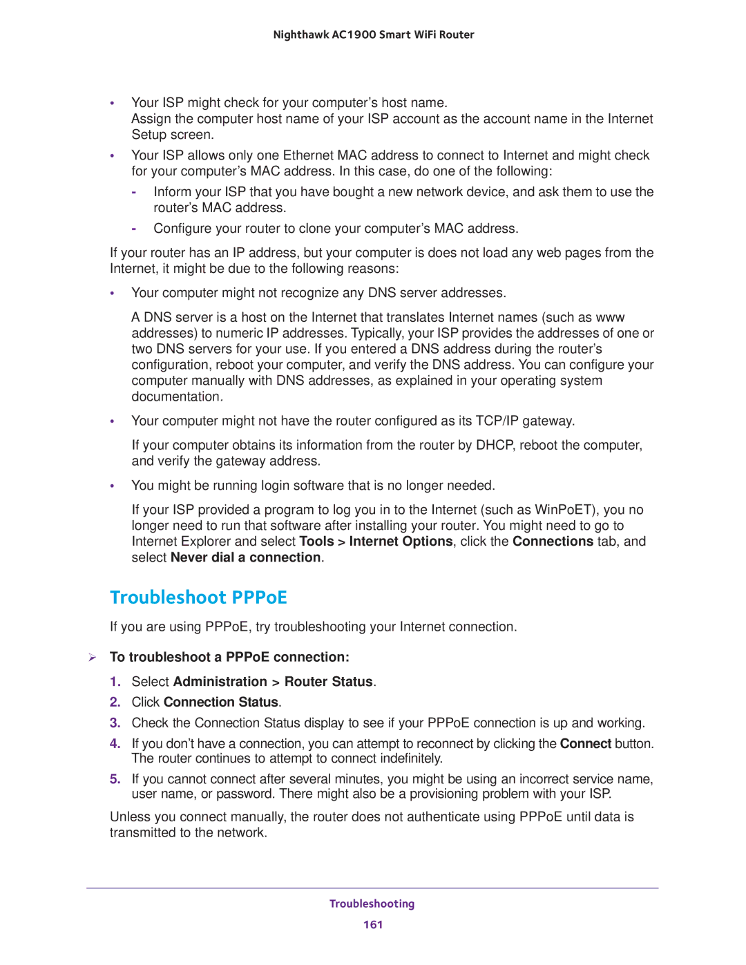 NETGEAR Model R7000 user manual Troubleshoot PPPoE 