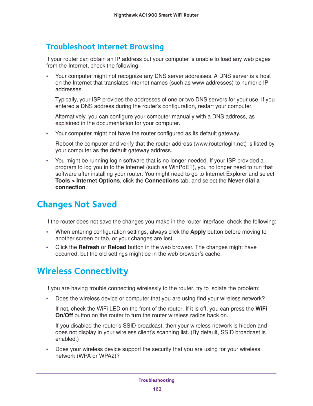 NETGEAR Model R7000 user manual Changes Not Saved, Wireless Connectivity, Troubleshoot Internet Browsing 