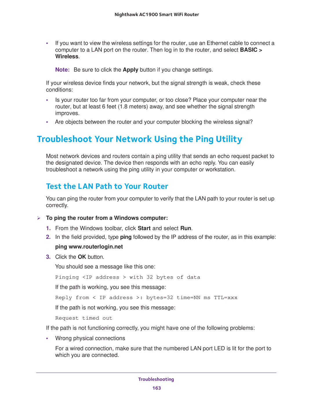 NETGEAR Model R7000 user manual Troubleshoot Your Network Using the Ping Utility, Test the LAN Path to Your Router 