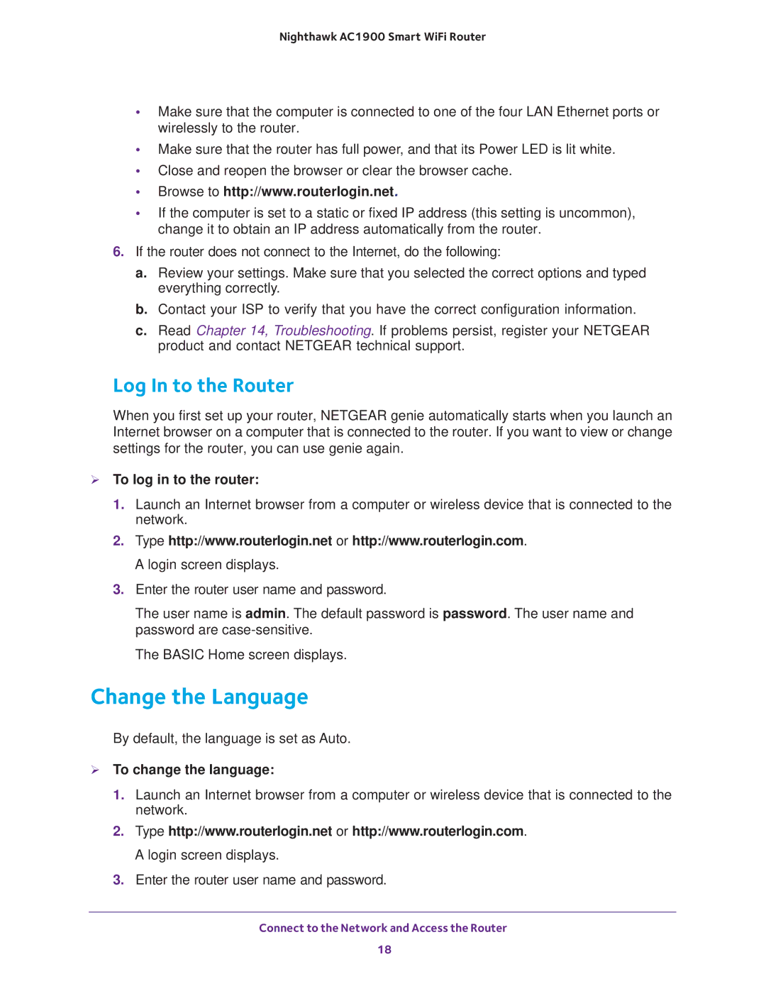 NETGEAR Model R7000 Change the Language, Log In to the Router,  To log in to the router,  To change the language 