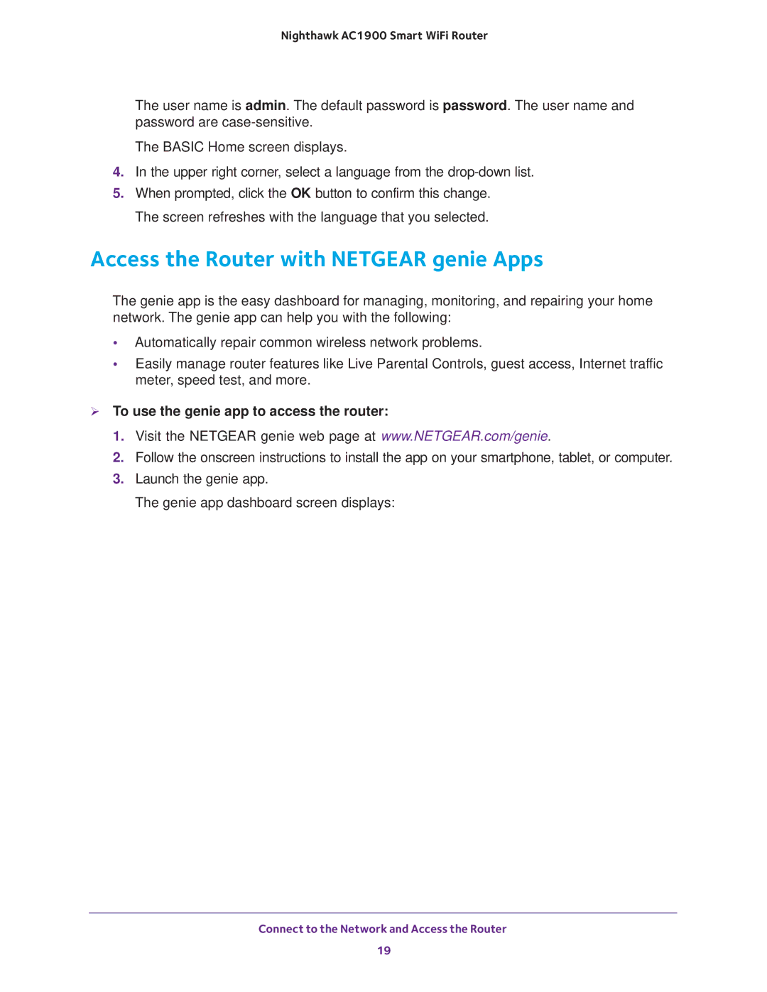 NETGEAR Model R7000 user manual Access the Router with Netgear genie Apps,  To use the genie app to access the router 