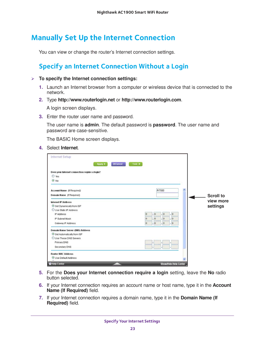 NETGEAR Model R7000 user manual Manually Set Up the Internet Connection, Specify an Internet Connection Without a Login 