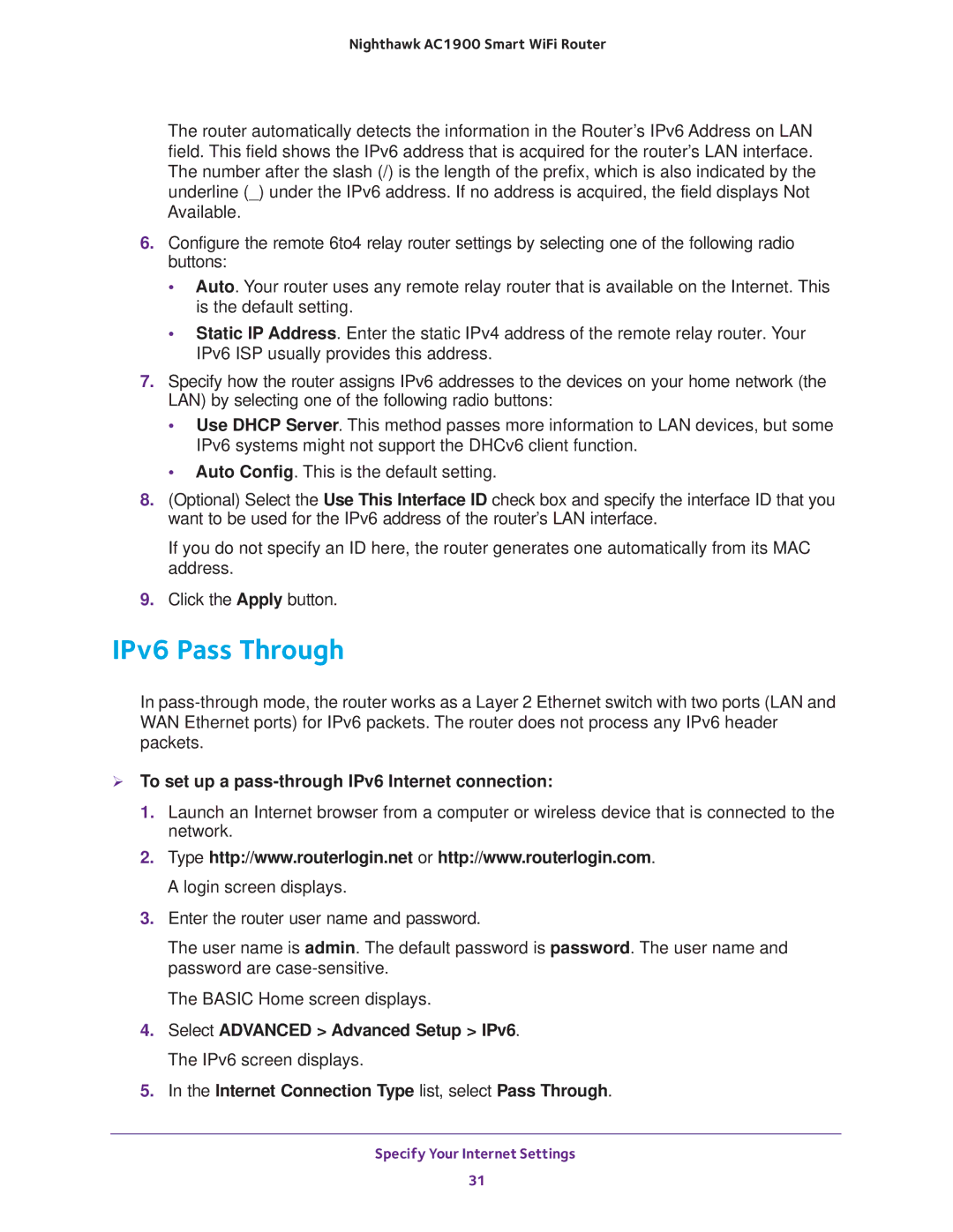 NETGEAR Model R7000 user manual IPv6 Pass Through,  To set up a pass-through IPv6 Internet connection 