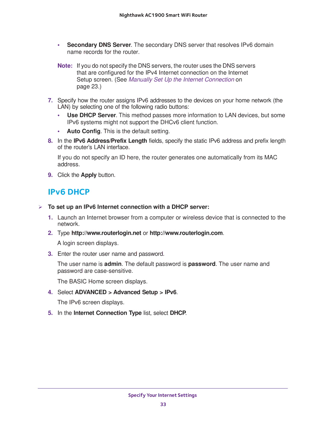 NETGEAR Model R7000 user manual IPv6 Dhcp,  To set up an IPv6 Internet connection with a Dhcp server 