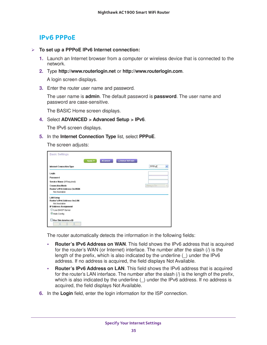 NETGEAR Model R7000 user manual IPv6 PPPoE,  To set up a PPPoE IPv6 Internet connection 