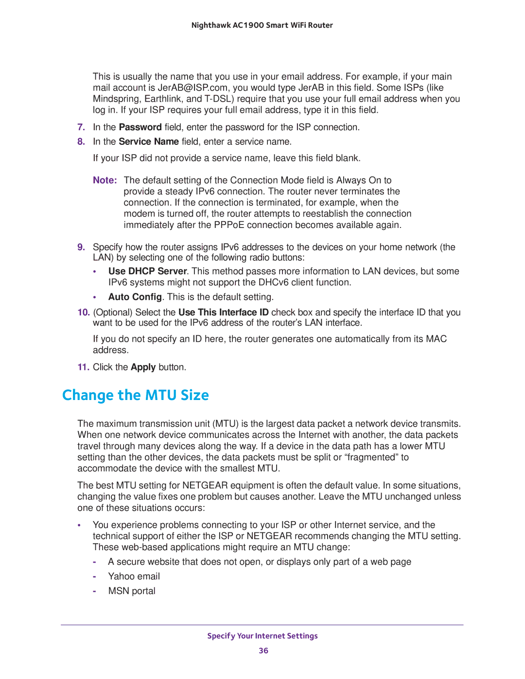 NETGEAR Model R7000 user manual Change the MTU Size 