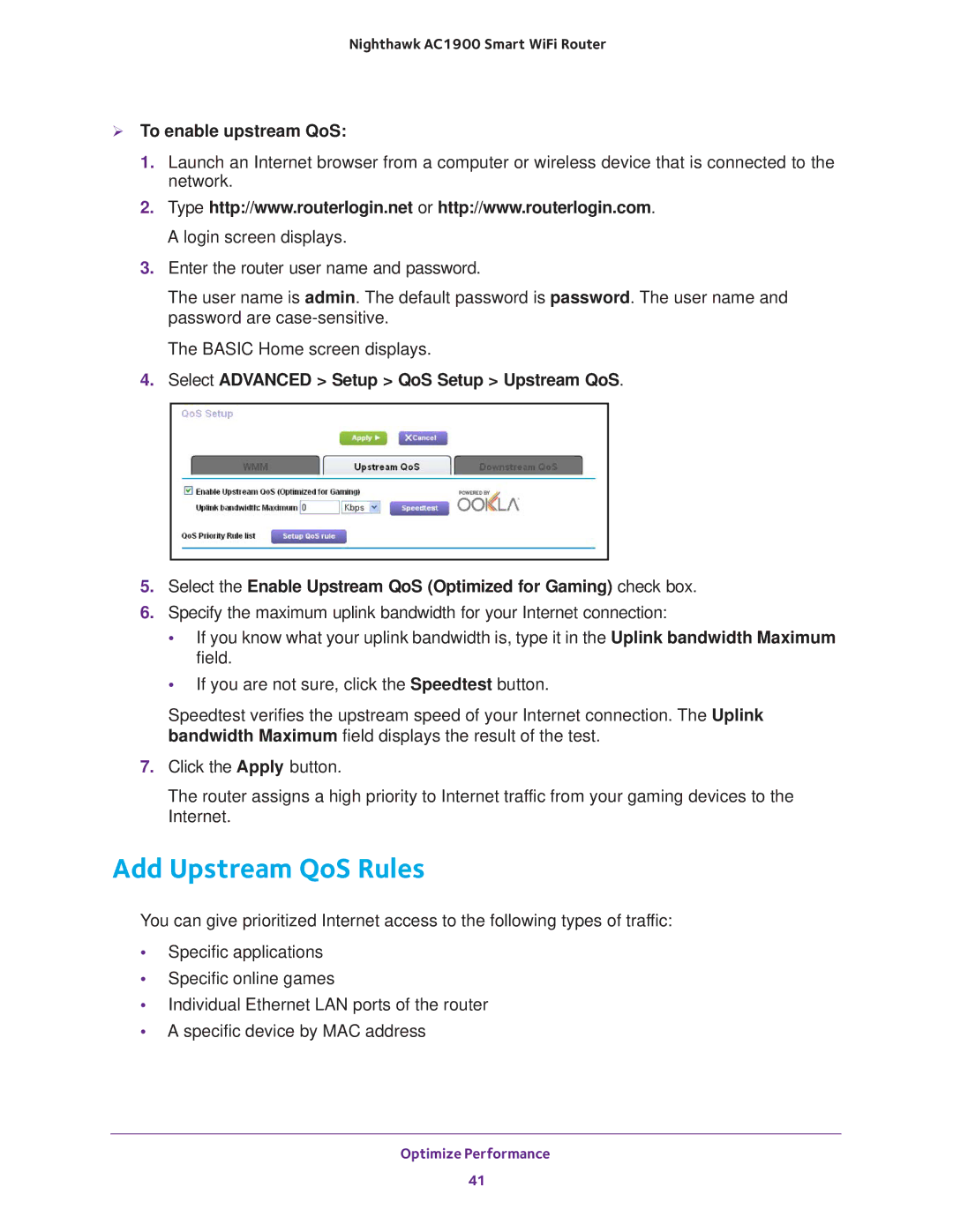 NETGEAR Model R7000 user manual Add Upstream QoS Rules,  To enable upstream QoS 