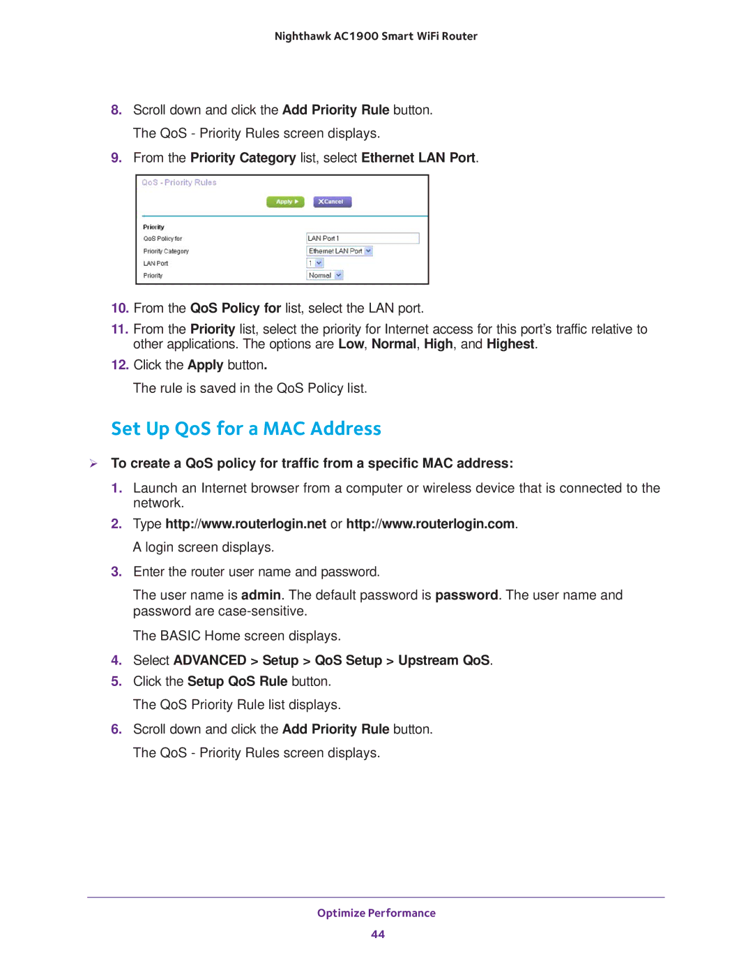 NETGEAR Model R7000 user manual Set Up QoS for a MAC Address, From the Priority Category list, select Ethernet LAN Port 