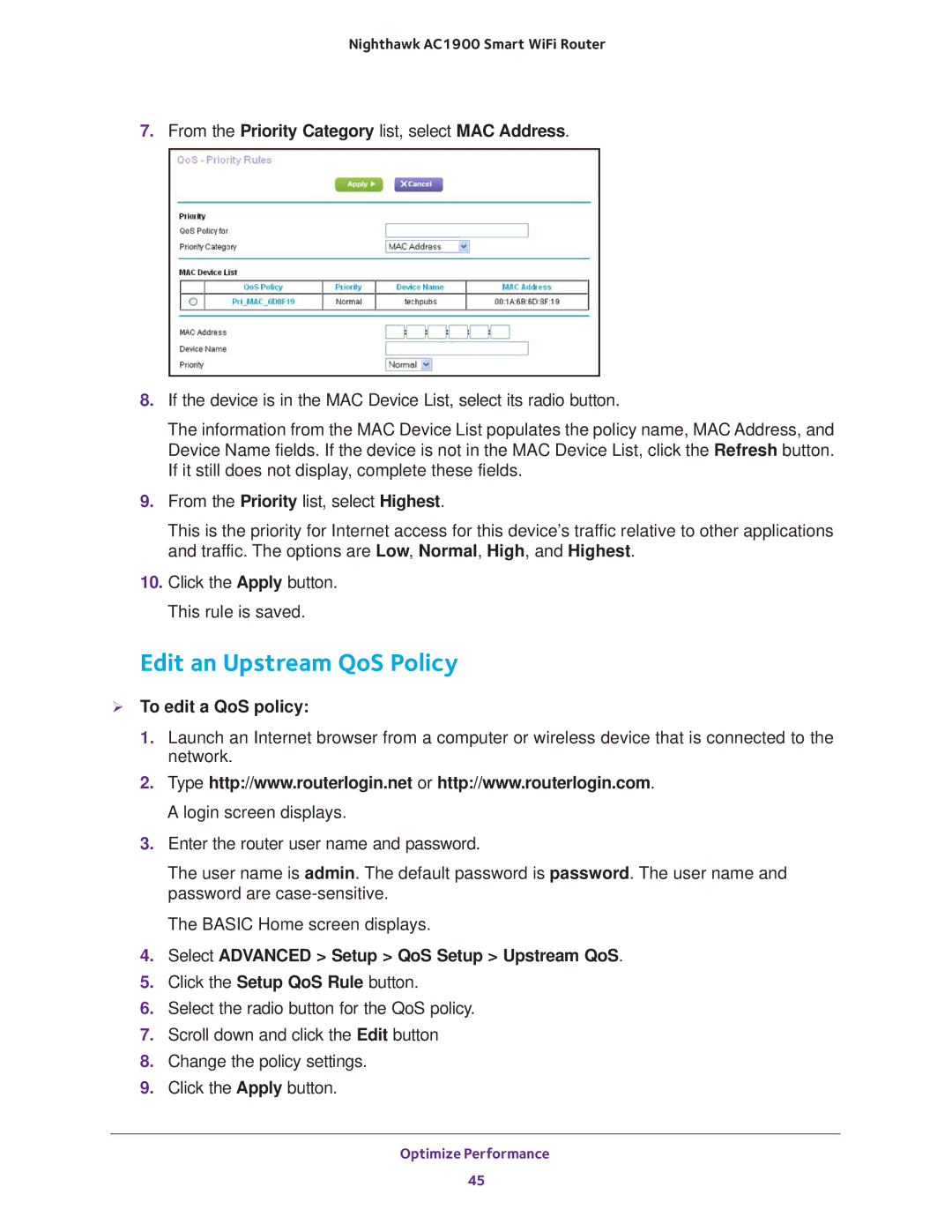 NETGEAR Model R7000 user manual Edit an Upstream QoS Policy, From the Priority Category list, select MAC Address 