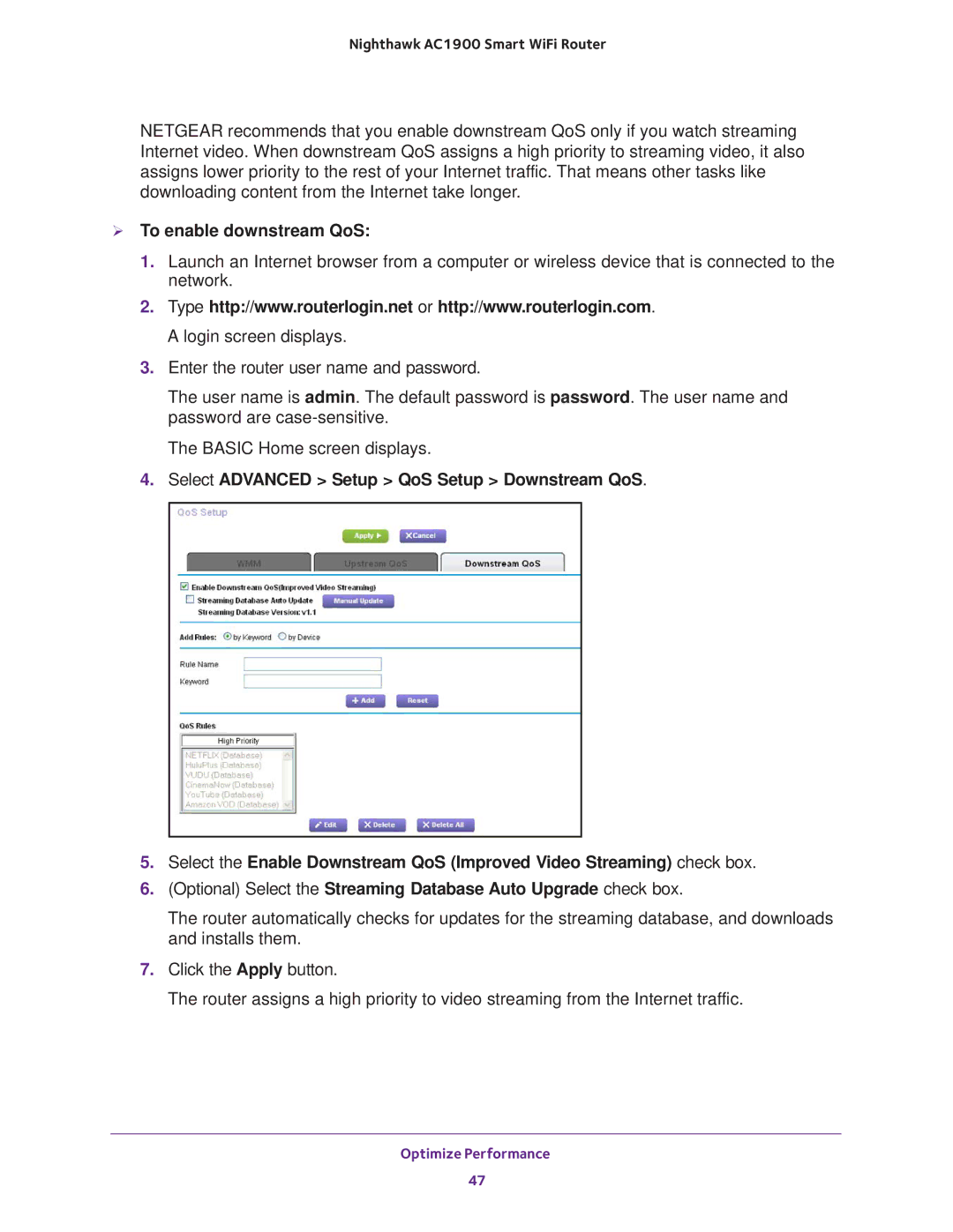 NETGEAR Model R7000 user manual  To enable downstream QoS 