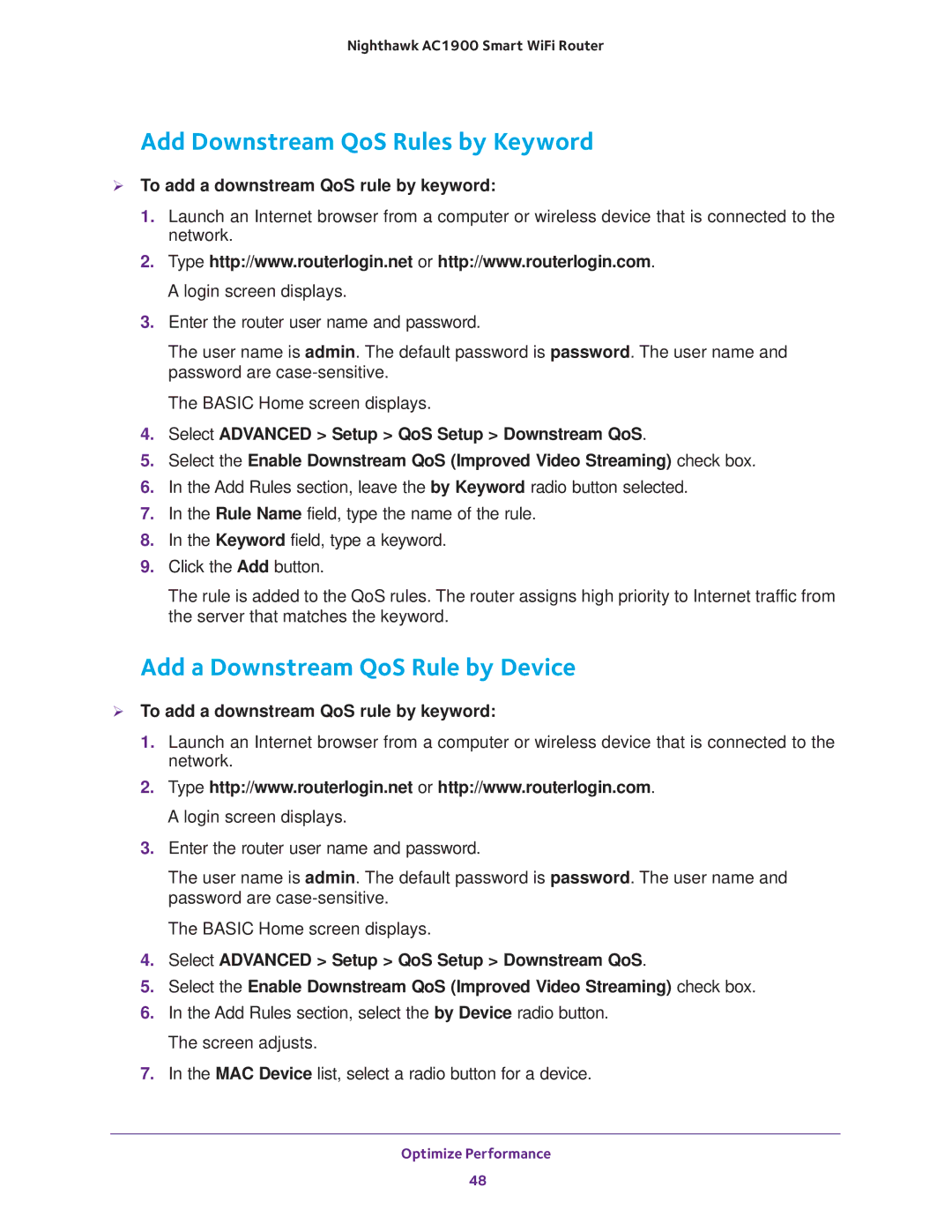 NETGEAR Model R7000 user manual Add Downstream QoS Rules by Keyword, Add a Downstream QoS Rule by Device 