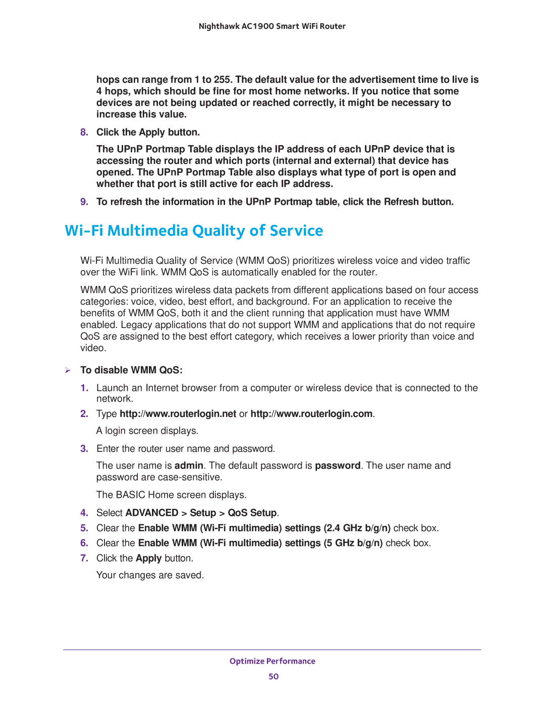 NETGEAR Model R7000 user manual Wi-Fi Multimedia Quality of Service,  To disable WMM QoS 