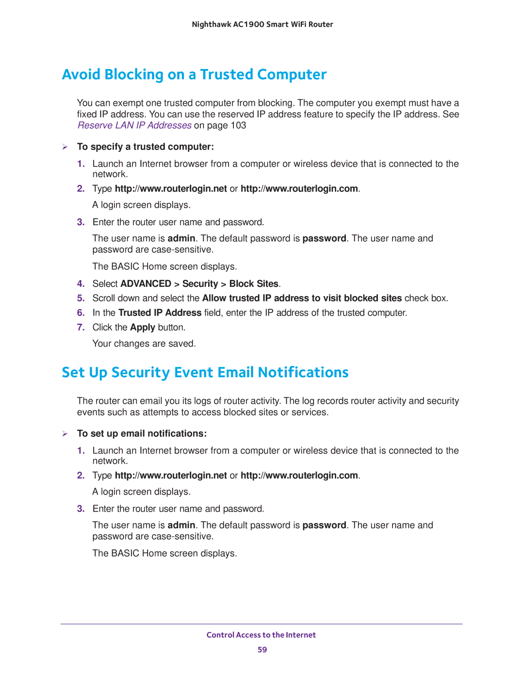 NETGEAR Model R7000 user manual Avoid Blocking on a Trusted Computer, Set Up Security Event Email Notifications 