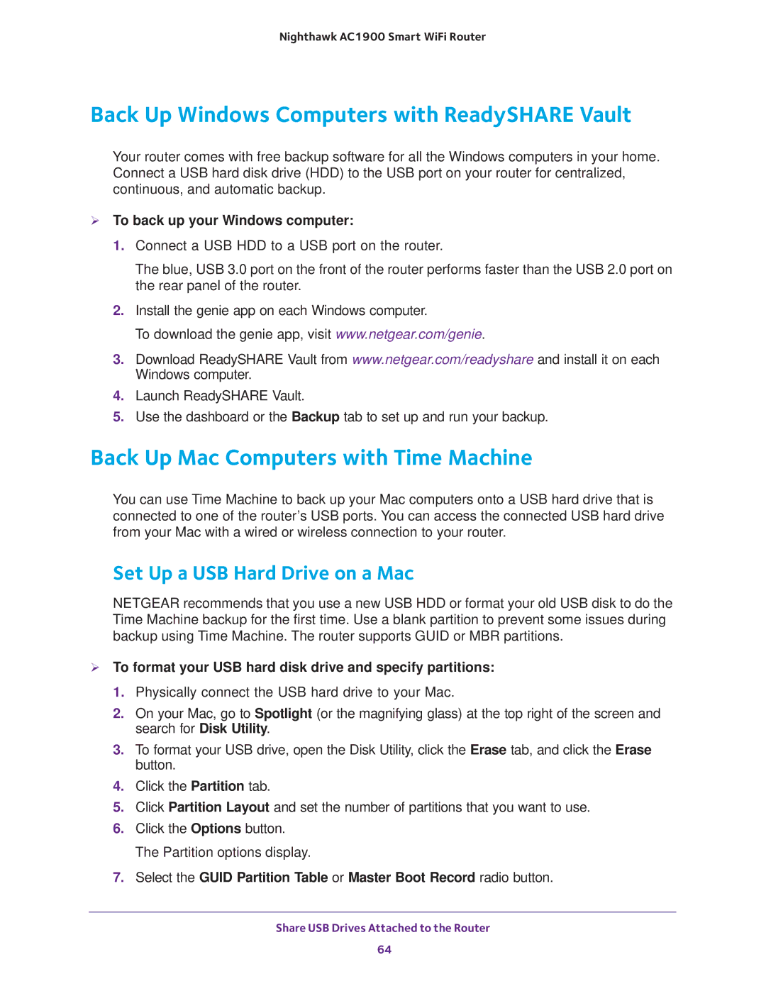 NETGEAR Model R7000 user manual Back Up Windows Computers with ReadySHARE Vault, Back Up Mac Computers with Time Machine 