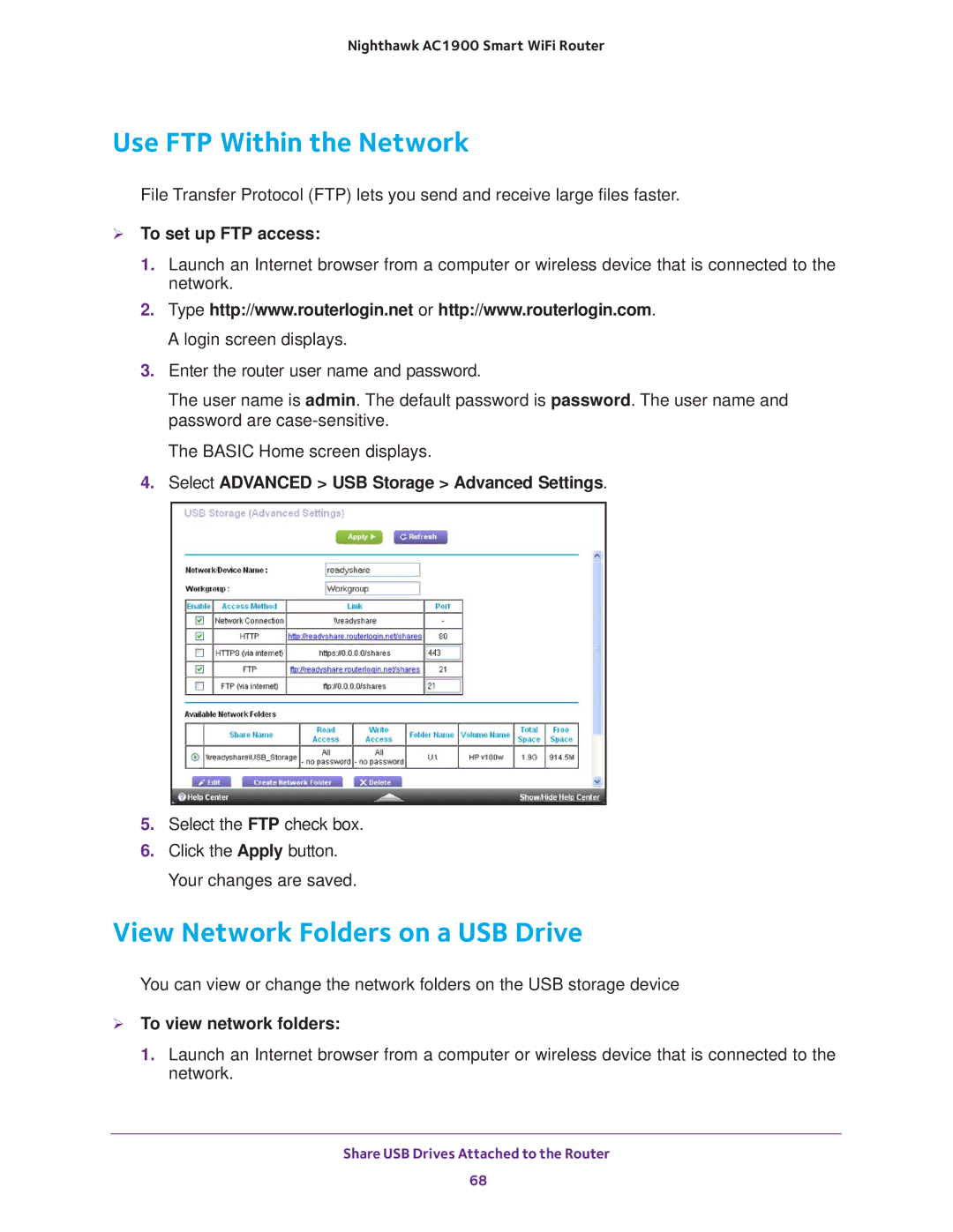 NETGEAR Model R7000 user manual Use FTP Within the Network, View Network Folders on a USB Drive,  To set up FTP access 