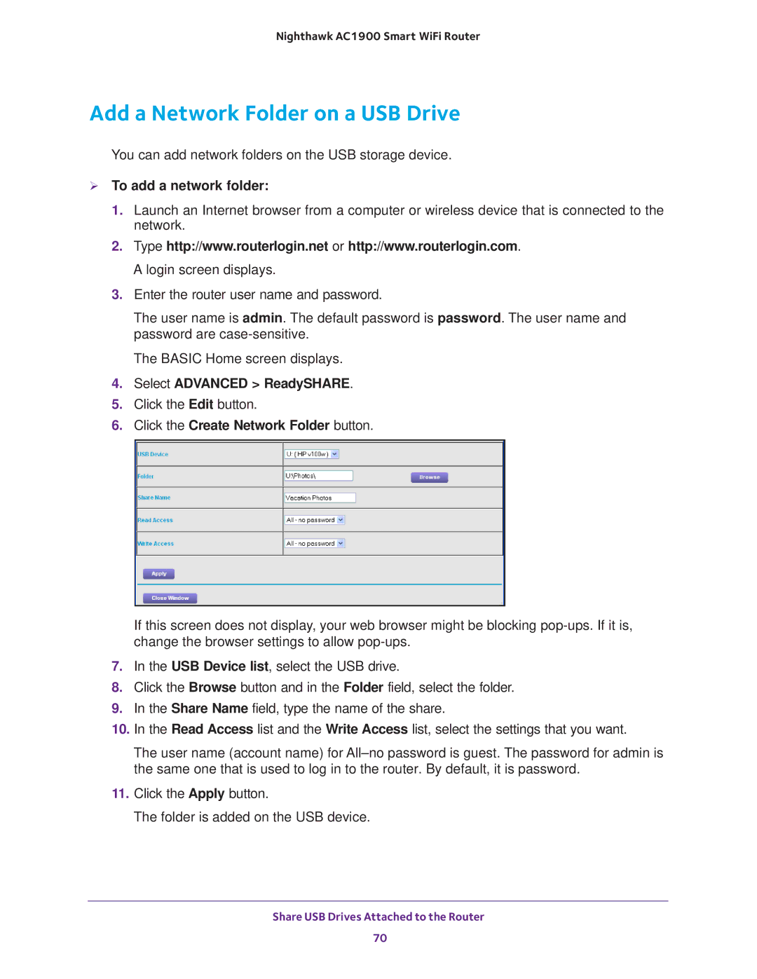 NETGEAR Model R7000 user manual Add a Network Folder on a USB Drive,  To add a network folder, Select Advanced ReadySHARE 