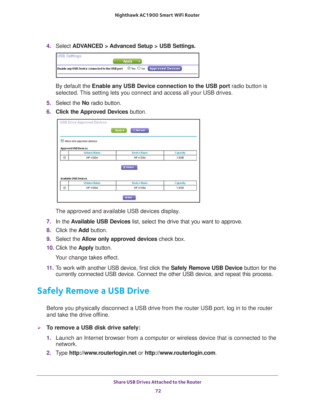 NETGEAR Model R7000 user manual Safely Remove a USB Drive, Select Advanced Advanced Setup USB Settings 