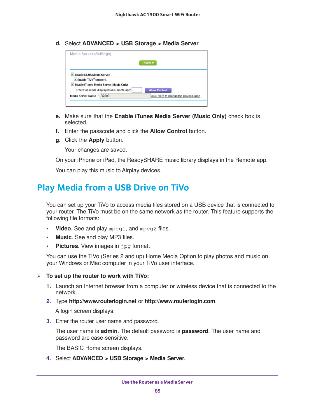 NETGEAR Model R7000 user manual Play Media from a USB Drive on TiVo,  To set up the router to work with TiVo 