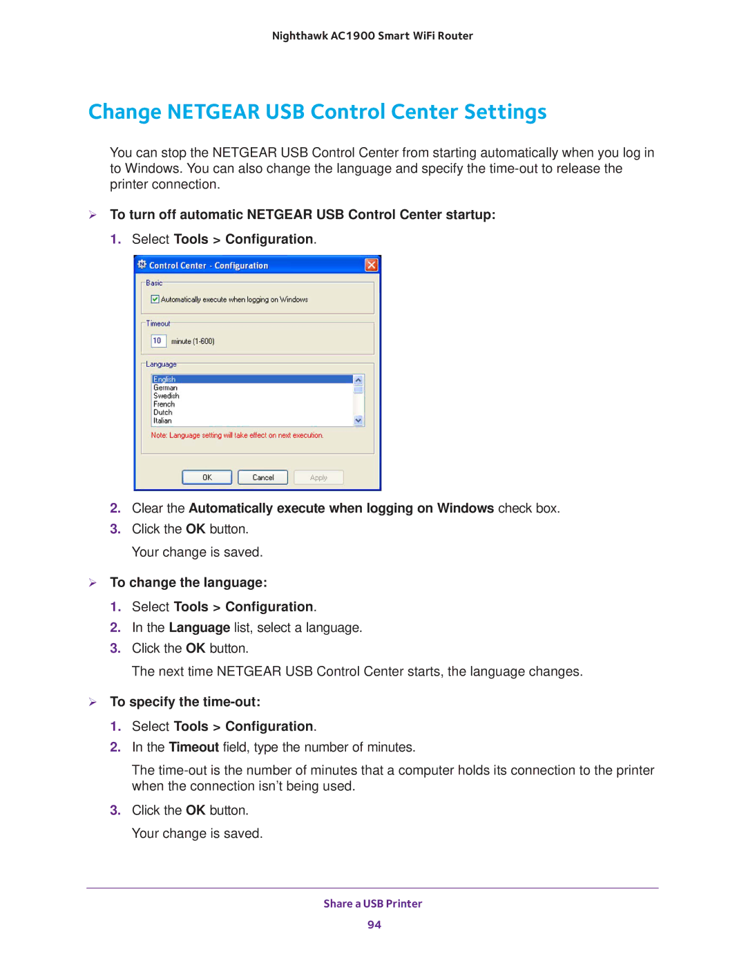 NETGEAR Model R7000 Change Netgear USB Control Center Settings,  To change the language Select Tools Configuration 