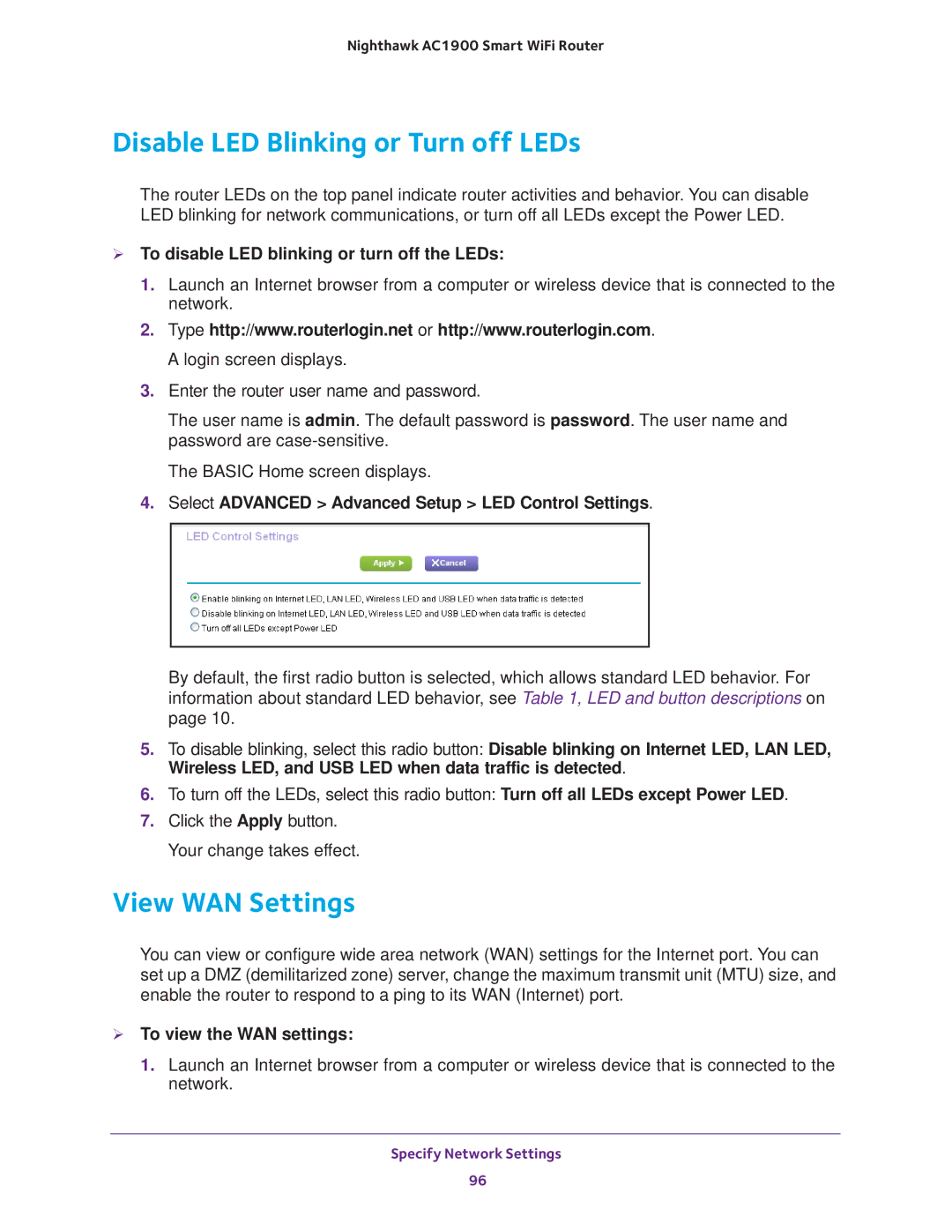 NETGEAR Model R7000 user manual Disable LED Blinking or Turn off LEDs, View WAN Settings,  To view the WAN settings 