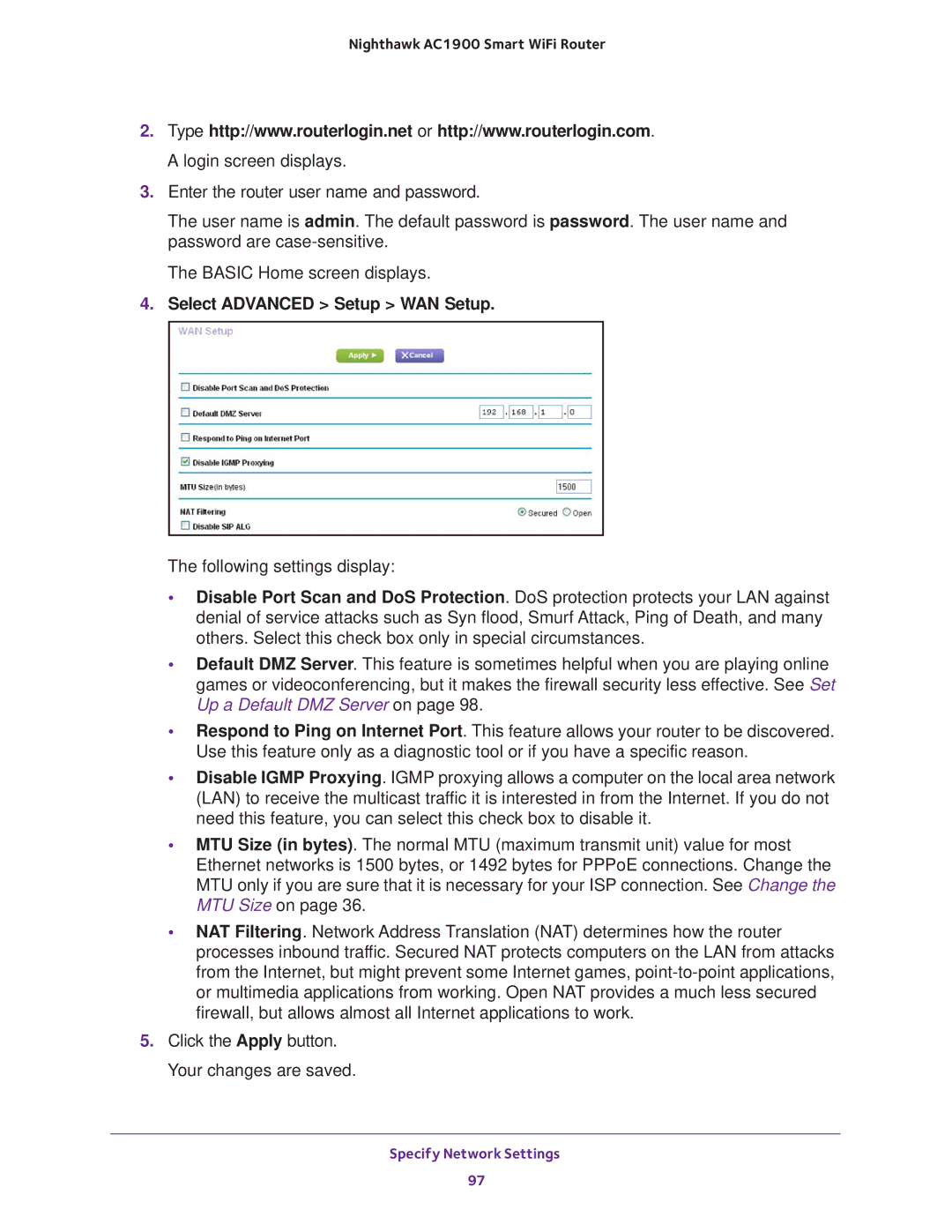 NETGEAR Model R7000 user manual Select Advanced Setup WAN Setup 