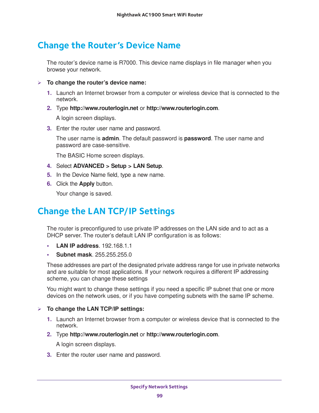 NETGEAR Model R7000 user manual Change the Router’s Device Name, Change the LAN TCP/IP Settings 