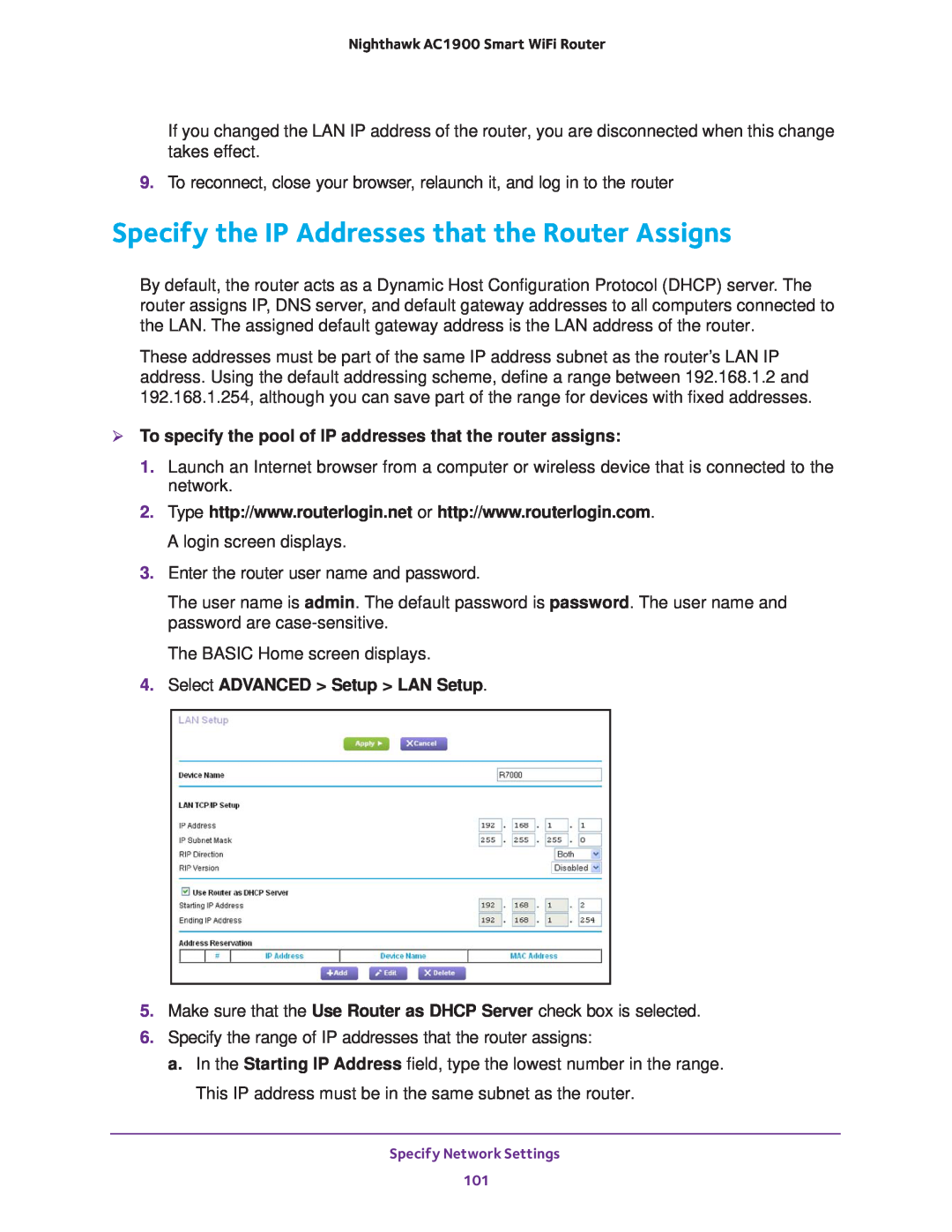 NETGEAR Model R7000 user manual Specify the IP Addresses that the Router Assigns, Select ADVANCED Setup LAN Setup 