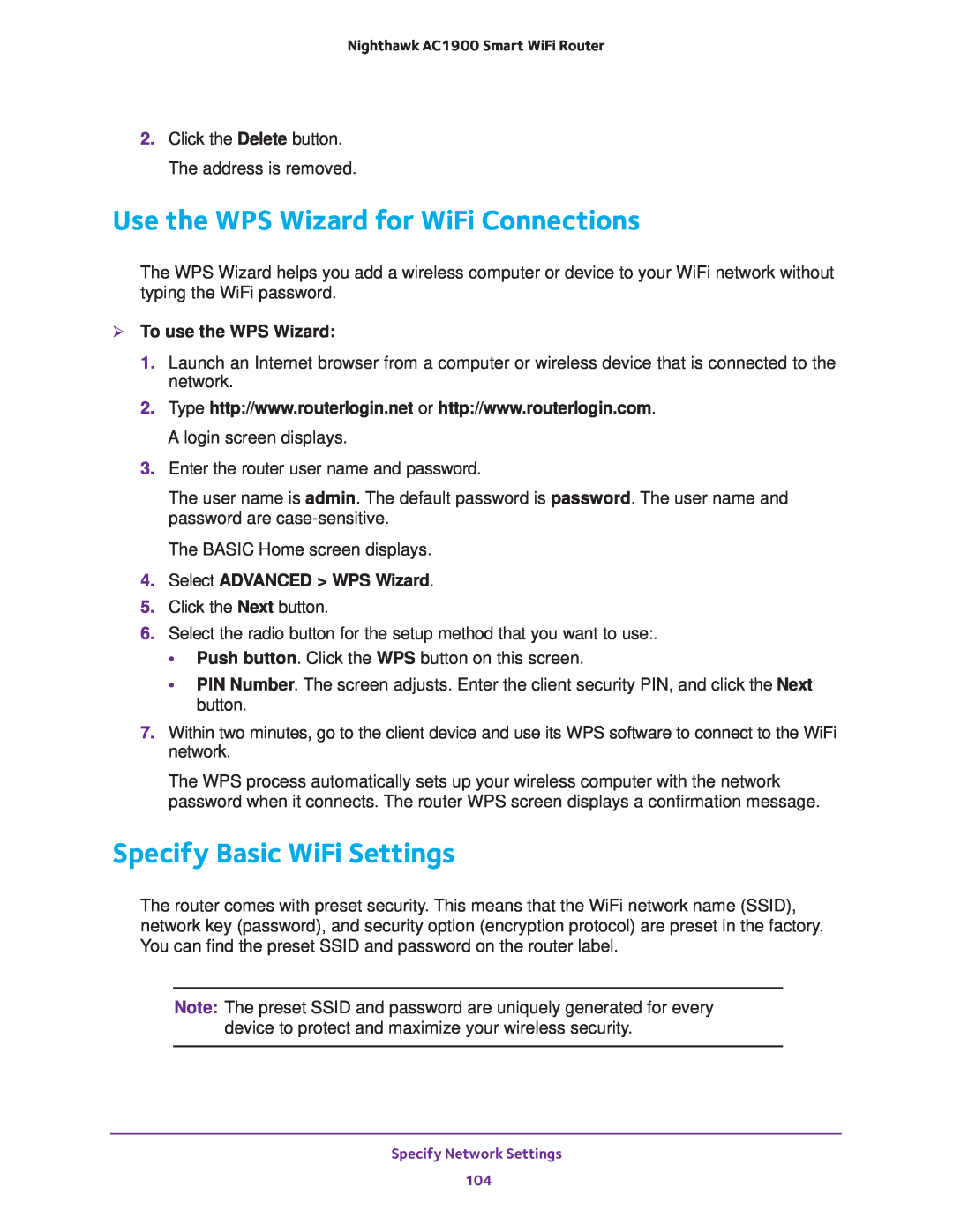 NETGEAR Model R7000 Use the WPS Wizard for WiFi Connections, Specify Basic WiFi Settings,  To use the WPS Wizard 