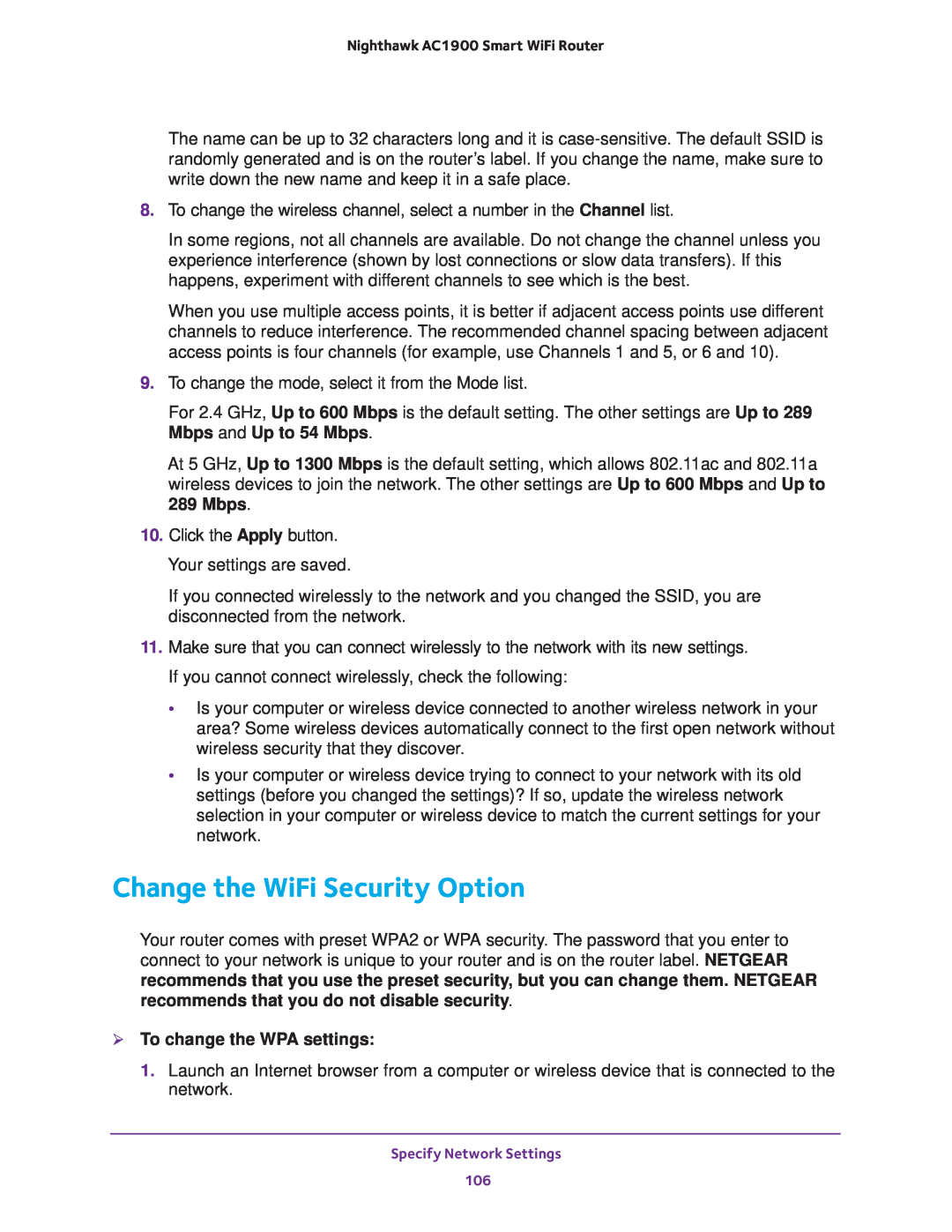 NETGEAR Model R7000 user manual Change the WiFi Security Option,  To change the WPA settings 