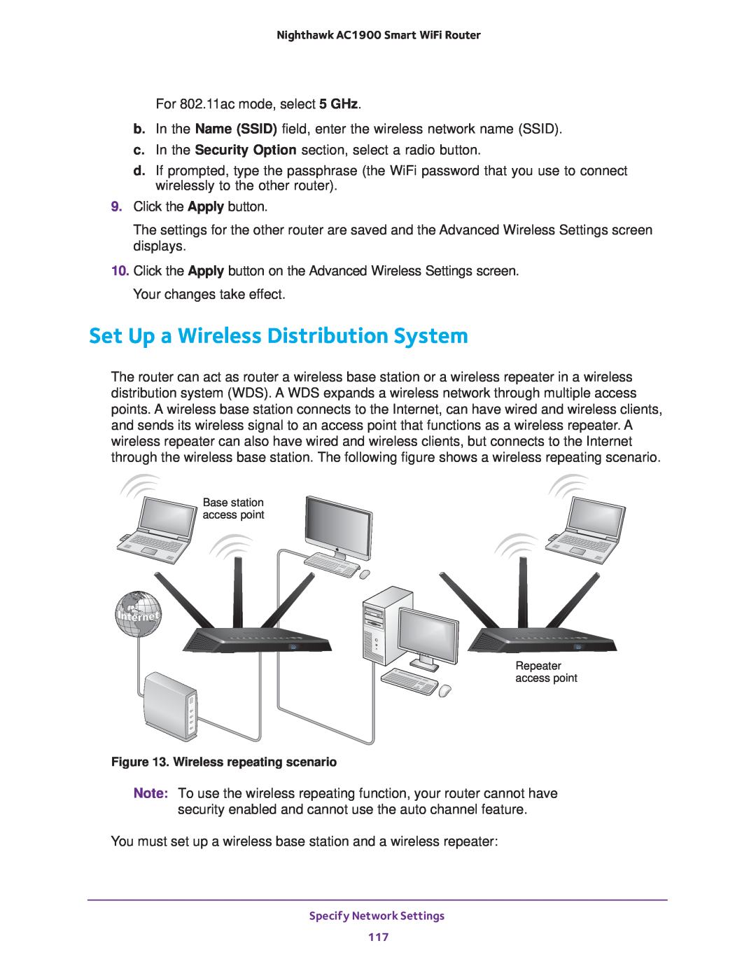 NETGEAR Model R7000 user manual Set Up a Wireless Distribution System, Base station access point Repeater access point 
