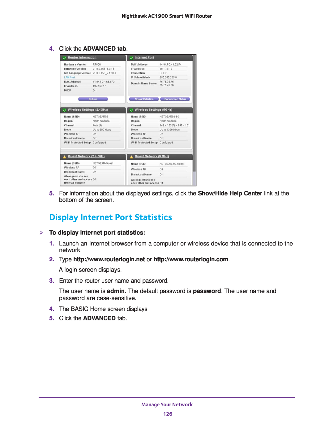 NETGEAR Model R7000 Display Internet Port Statistics, Click the ADVANCED tab,  To display Internet port statistics 