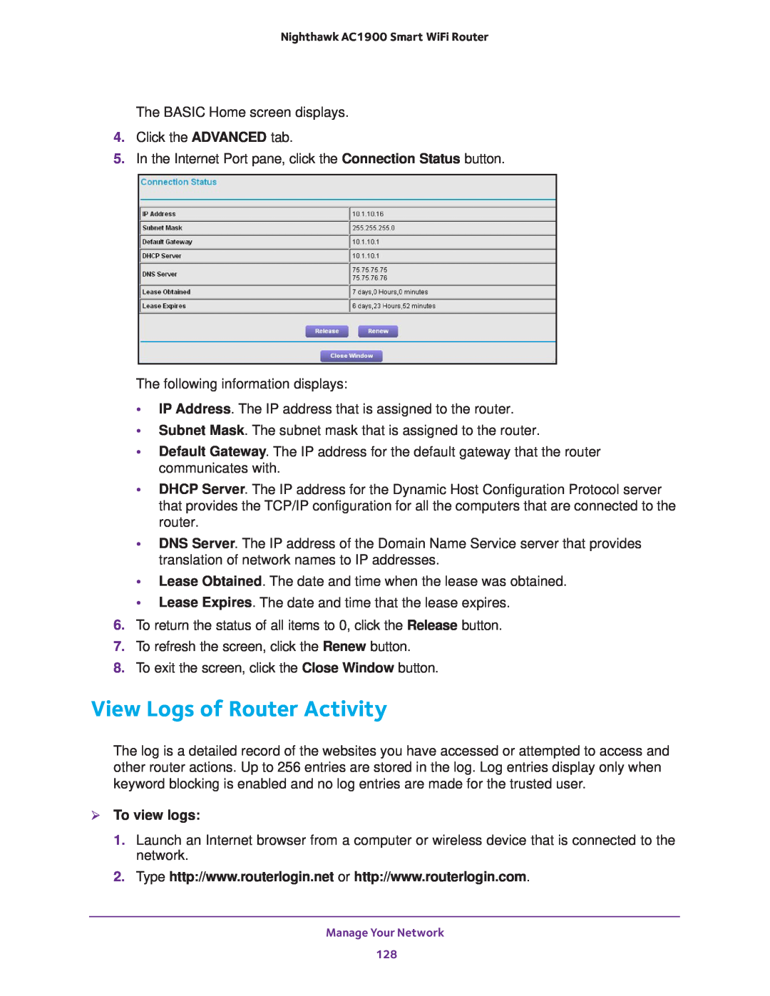 NETGEAR Model R7000 user manual View Logs of Router Activity,  To view logs 