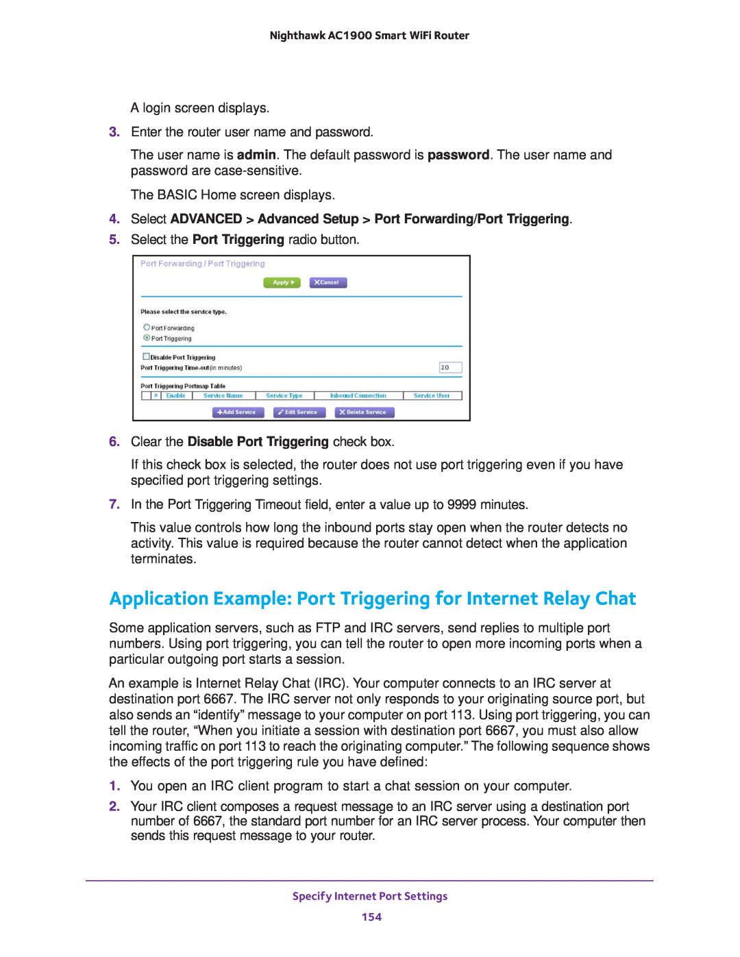 NETGEAR Model R7000 user manual Application Example Port Triggering for Internet Relay Chat 