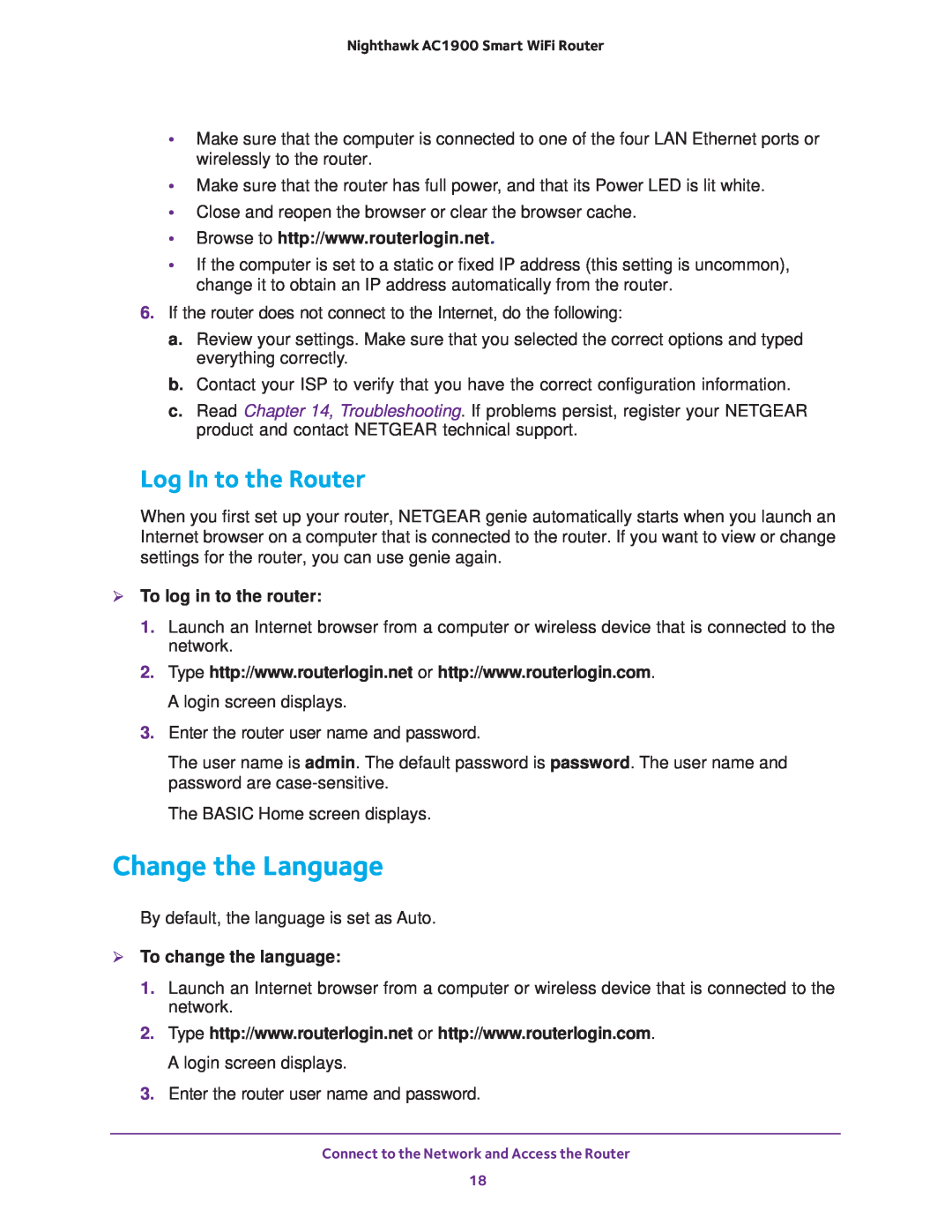 NETGEAR Model R7000 Change the Language, Log In to the Router,  To log in to the router,  To change the language 