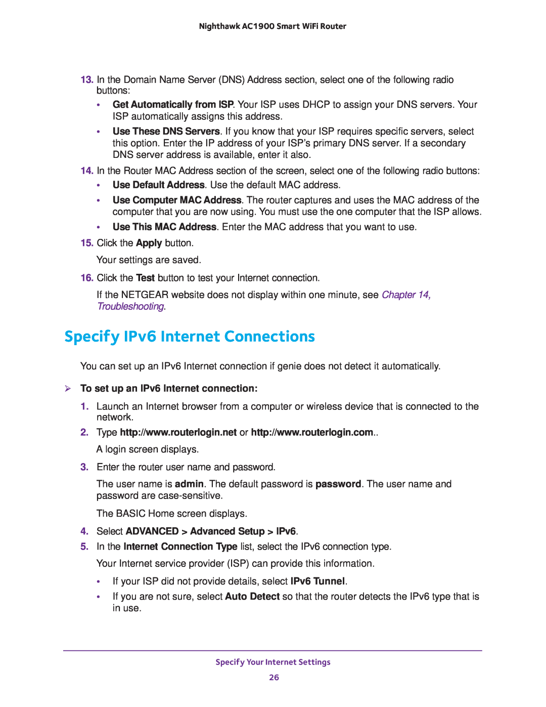 NETGEAR Model R7000 user manual Specify IPv6 Internet Connections,  To set up an IPv6 Internet connection 